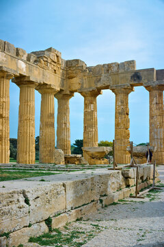 Majestic ancient Greek Doric columns of the Temple of Hera in Selinunte archaeological park in Sicily Italy