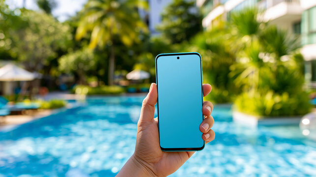 Hand holding smartphone with blank screen against luxury hotel and swimming pool background, mobile mockup, resort lifestyle, summer vacation concept, defocused pool, with copy