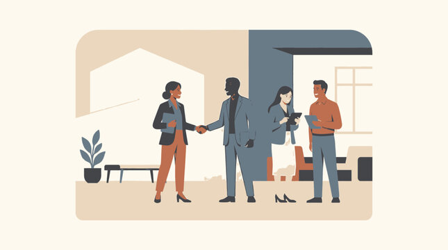Business Professionals Shaking Hands in a Modern Office Illustration