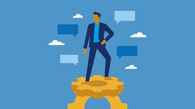 Business Professional Standing on Gear for Corporate Growth and Strategy