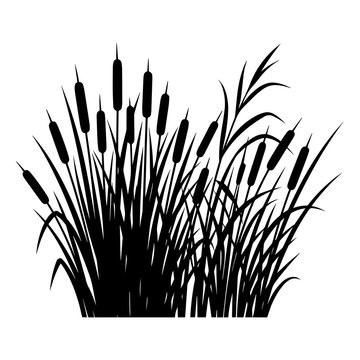 A cluster of cattail plants with tall grass and reeds, rendered as a black silhouette against a solid white background, for easy use