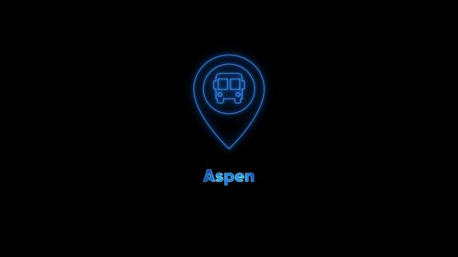Aspen bus station neon sign animation: digital map location pin for public transportation