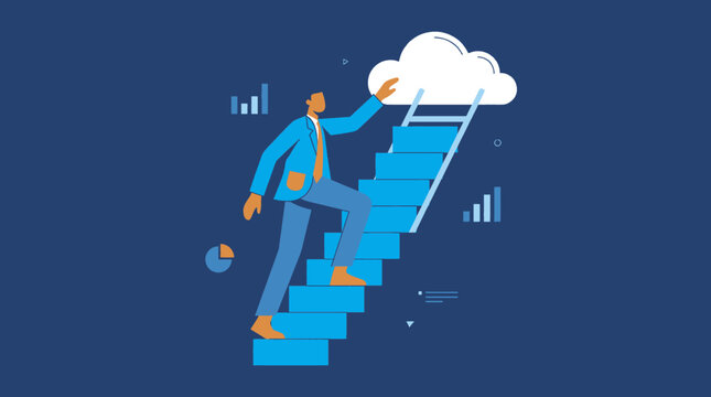 Business Professional Climbing Ladder to Success in Cloud Computing