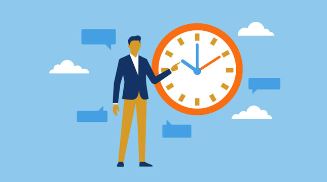 Time Management Concept with Businessman Pointing at Large Clock