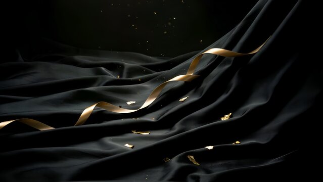 Black satin fabric with gold ribbons and confetti dramatic lighting