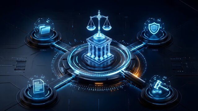 Futuristic digital legal system concept with integrated data security, compliance, and justice, representing modern law in a connected cyber environment.