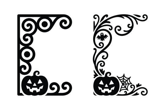Halloween Swirl Corner Decorative Border elements, with Bats and Pumpkin silhouettes, elegant vines designed for invitation greeting cards

