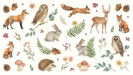 Naklejka premium Watercolor woodland creatures and foliage arrangement on a white background