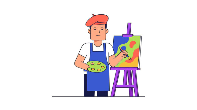 Painter Wearing a Beret Standing with Palette and Brush at an Easel