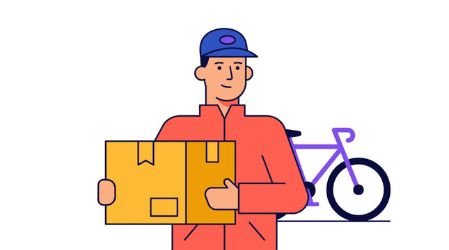 Delivery Courier Holding a Parcel with Bicycle in Flat Vector Style