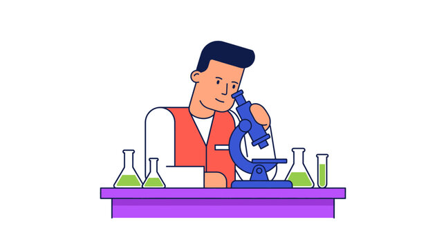 Scientist Working with Microscope Flat Vector Illustration Concept