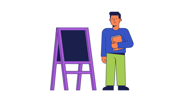 Student Standing Beside Empty Blackboard Vector Illustration for School
