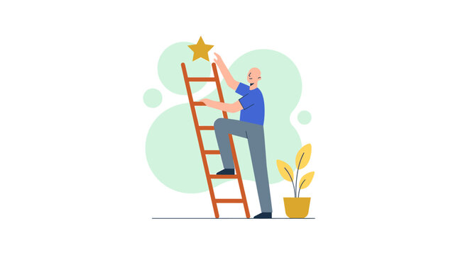Success Concept Showing a Businessman Climbing a Ladder to Grab a Star