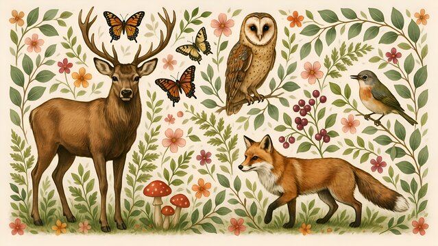 Deer owl fox and butterflies in a detailed floral vector illustration