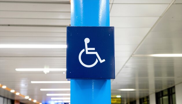 Close-up of a modern information sign mounted on a blue pillar inside a public transportation terminal.