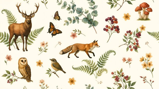 Forest animals and botanical illustration a repeating watercolor pattern