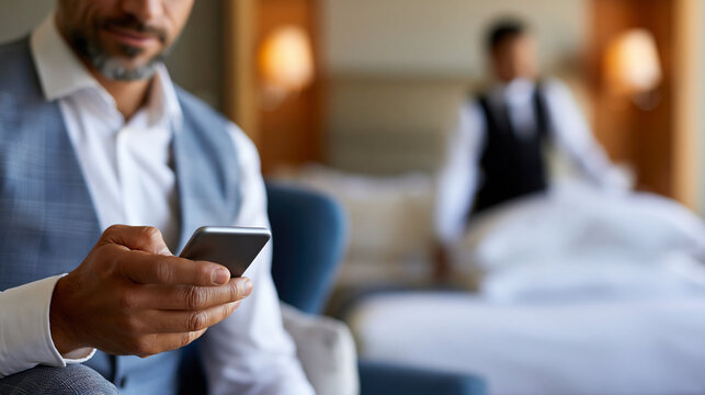 Faceless businessman using smartphone while hotel staff makes bed in background, business travel technology, hospitality service, defocused room, with copy space