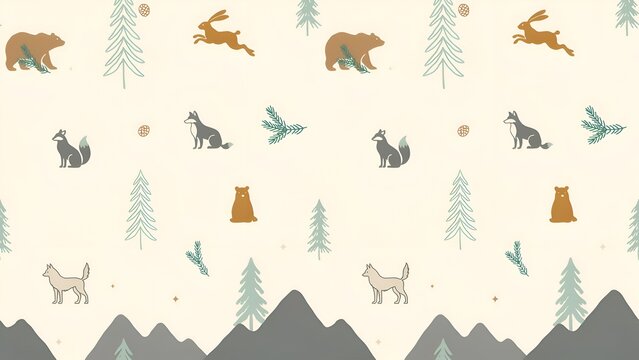 Forest animal pattern with bears foxes hares and mountain silhouettes
