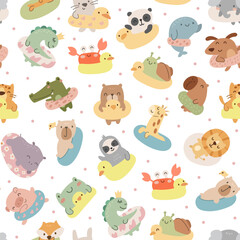 Fototapeta premium Animal summer beach seamless pattern set featuring dinosaur panda whale dog rabbit snail crab crocodile bear giraffe lion sloth hippopotamus