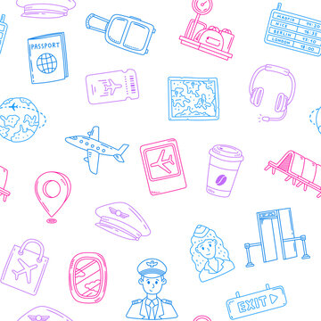 Airport travel seamless pattern set featuring passport map headset scanner globe airplane ticket takeaway cup board location marker pilot stewardess