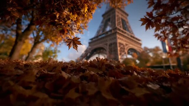 Paris, France, Europe. A vivid portrayal of the Eiffel Tower in Paris, France during autumn. The eiffel tower stands tall against a clear blue sky with a few clouds.