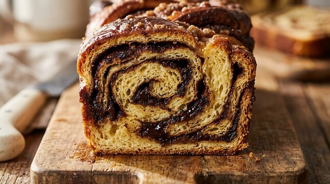 Freshly baked chocolate babka loaf sliced on a rustic wooden cutting board