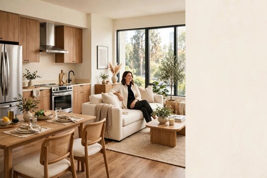Modern Open-Concept Living Room with Woman Relaxing