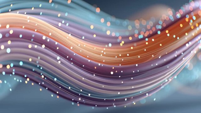 A vibrant, abstract wave of flowing ribbons undulates with glowing particles, creating a dynamic and ethereal visual effect.