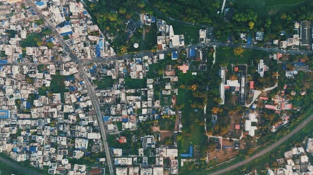 4K Aerial Top down Buildings and Apartment with Multiple Building aerial. Urban Buildings and Apartment at bridge road at Delhi. Cinematic cityscape drone shot. Noida Buildings.