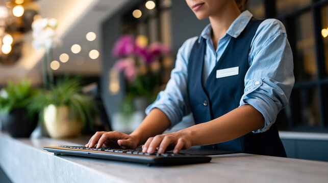 Faceless receptionist working at modern hotel front desk, hospitality service, professional interior, defocused lighting, with copy space
