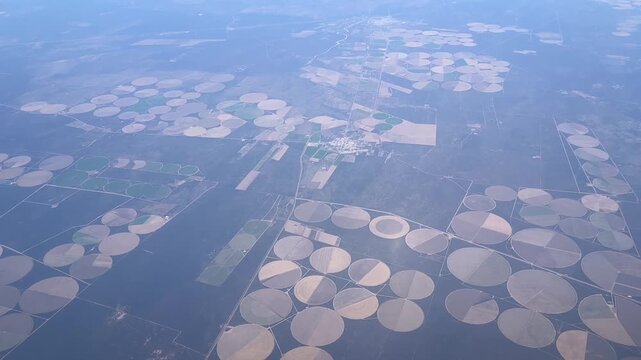 Horizontal video of circular crops created by center pivot irrigation systems, seen from an airplane window