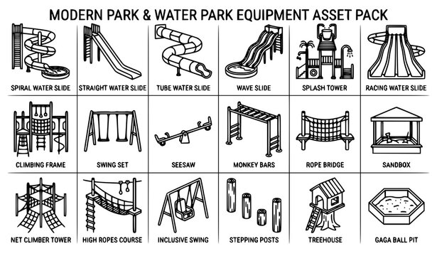 CAD water park playground vector icon pack