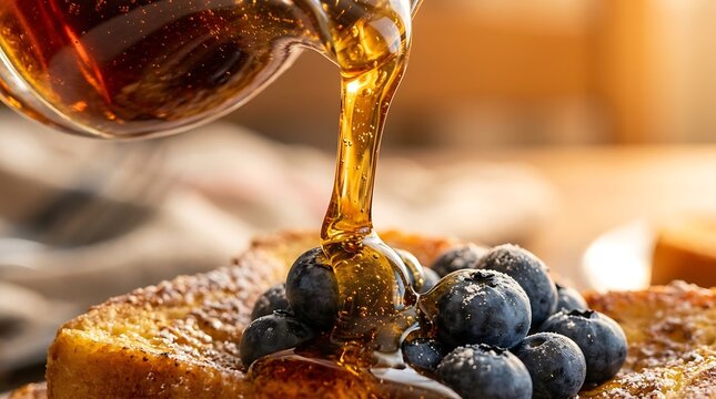 Golden maple syrup pouring over fresh blueberries on a warm toasted slice of french bread
