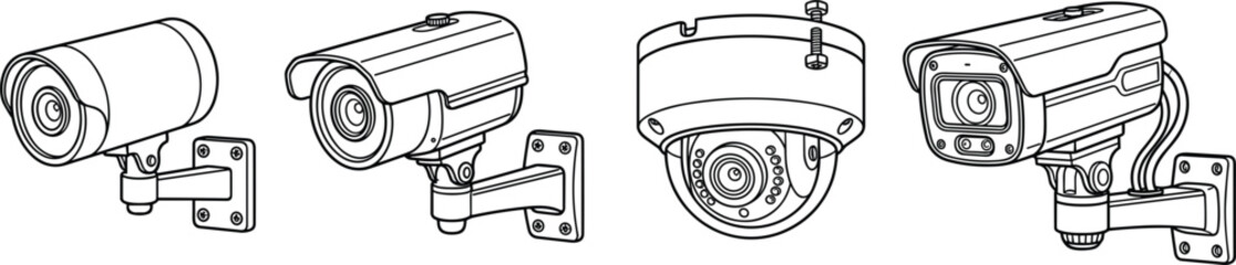 CCTV security surveillance camera vector icon set featuring bullet and dome cameras with wall mounts in line art style.eps © MdAzahar