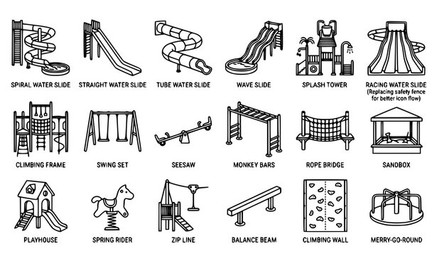 Water park and playground line icon vector set
