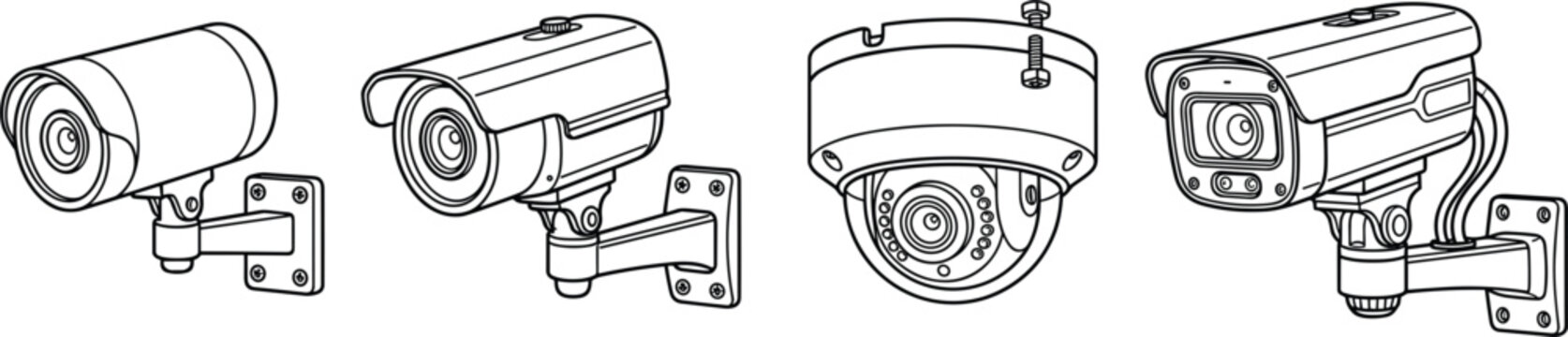 CCTV security surveillance camera vector icon set featuring bullet and dome cameras with wall mounts in line art style.eps