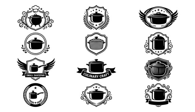 Pots and Pans with Chef Hats and Culinary Badges in Vintage Style Featuring Pot, Pan, Hat with Badge
