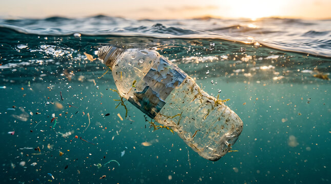Discarded plastic water bottle floating in polluted ocean waves under golden sunset light with pollution environment environmentally discarded floating contamination