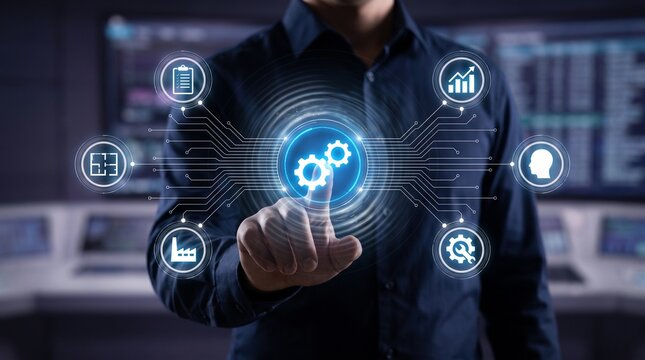 Industrial engineer interacting with a digital interface showing manufacturing and production management icons