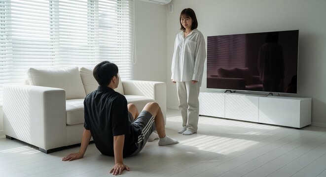 Asian couple in a bright minimalist living room with a man sitting on the floor and a woman standing nearby looking at him