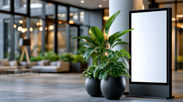 Blank digital signboard mockup in modern office or hotel lobby, advertising template, information display, defocused interior, with copy space