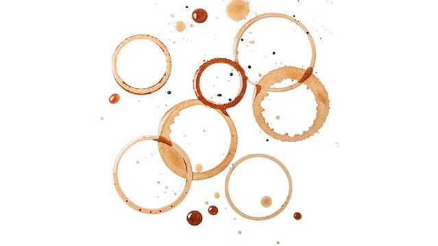 Brown coffee ring stains and spills abstract texture isolated on transparent background cut out