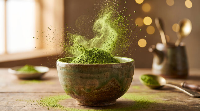 Premium Matcha Green Tea Powder Explosion in Rustic Bowl with Product Splash Photography Style