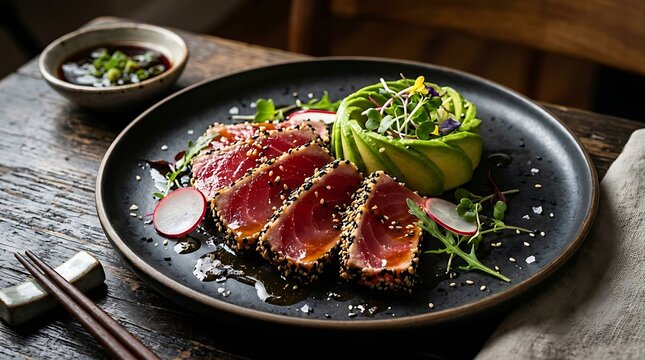 Seared ahi tuna slices with avocado rose served on a dark plate for gourmet dining