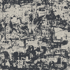 Obraz premium Vector abstract seamless pattern with UK or London. Page of newspaper or magazine with headings, landmark, british flag and unreadable text. Retro style. Wallpaper, wrapping paper or fabric