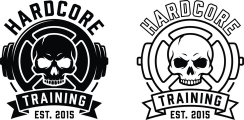 Fototapeta premium Hardcore training gym logo emblem with skull and barbell weight illustration