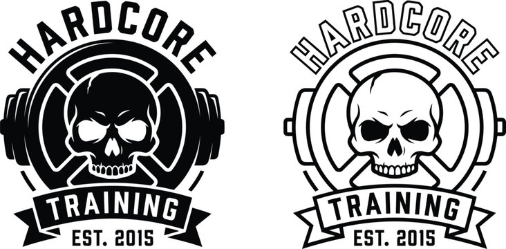Hardcore training gym logo emblem with skull and barbell weight illustration