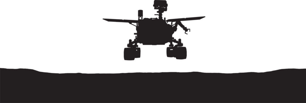 Black silhouette of a space rover exploring the dusty surface of a planet in outer space isolated on transparent background, Vector