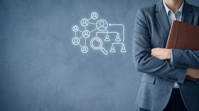 Business professional with recruitment icon. HR manager searching for new talent candidates.
