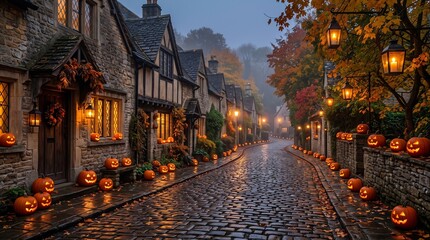 Obraz premium Cozy Autumn Street with Jack-O'-Lanterns
